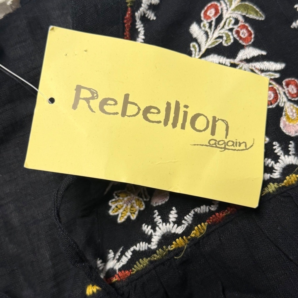 Rebellion Again Peasant Blouse Black Embroidered Cotton Boho Top Womens L NEW - Picture 7 of 11